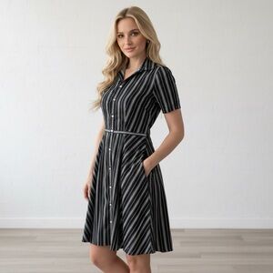 UNTUCKit Willow Striped Button Down Dress Sz 4 Pockets Fit Flare Short Sleeve